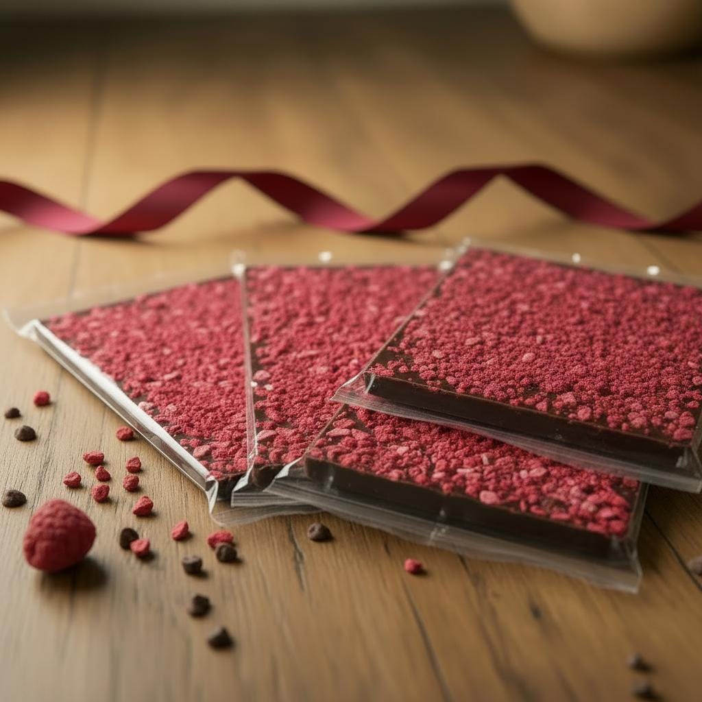 Handmade Dark Chocolate and Raspberry 54% Belgian Chocolate 100g bar. Wrapper can be personalised.
