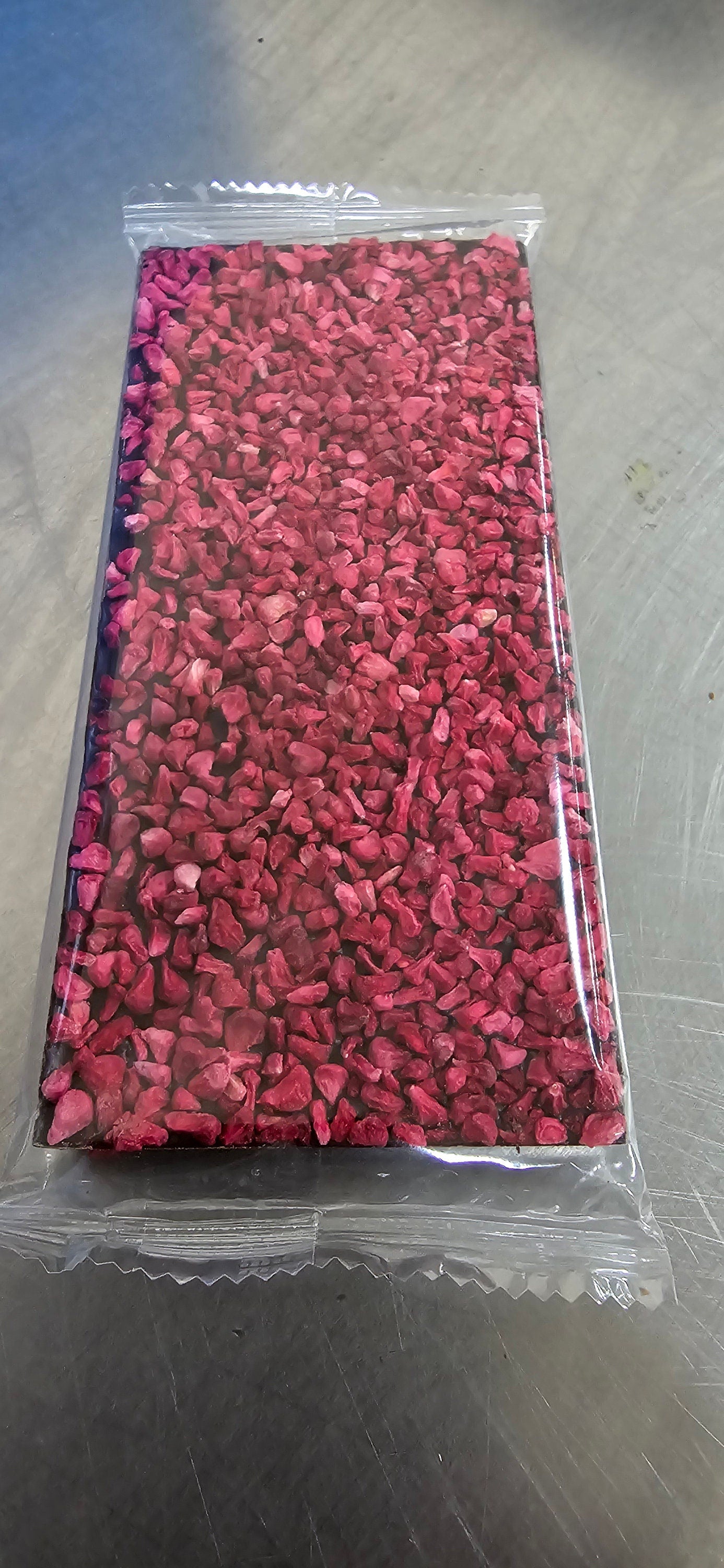 Handmade Dark Chocolate and Raspberry 54% Belgian Chocolate 100g bar. Wrapper can be personalised.