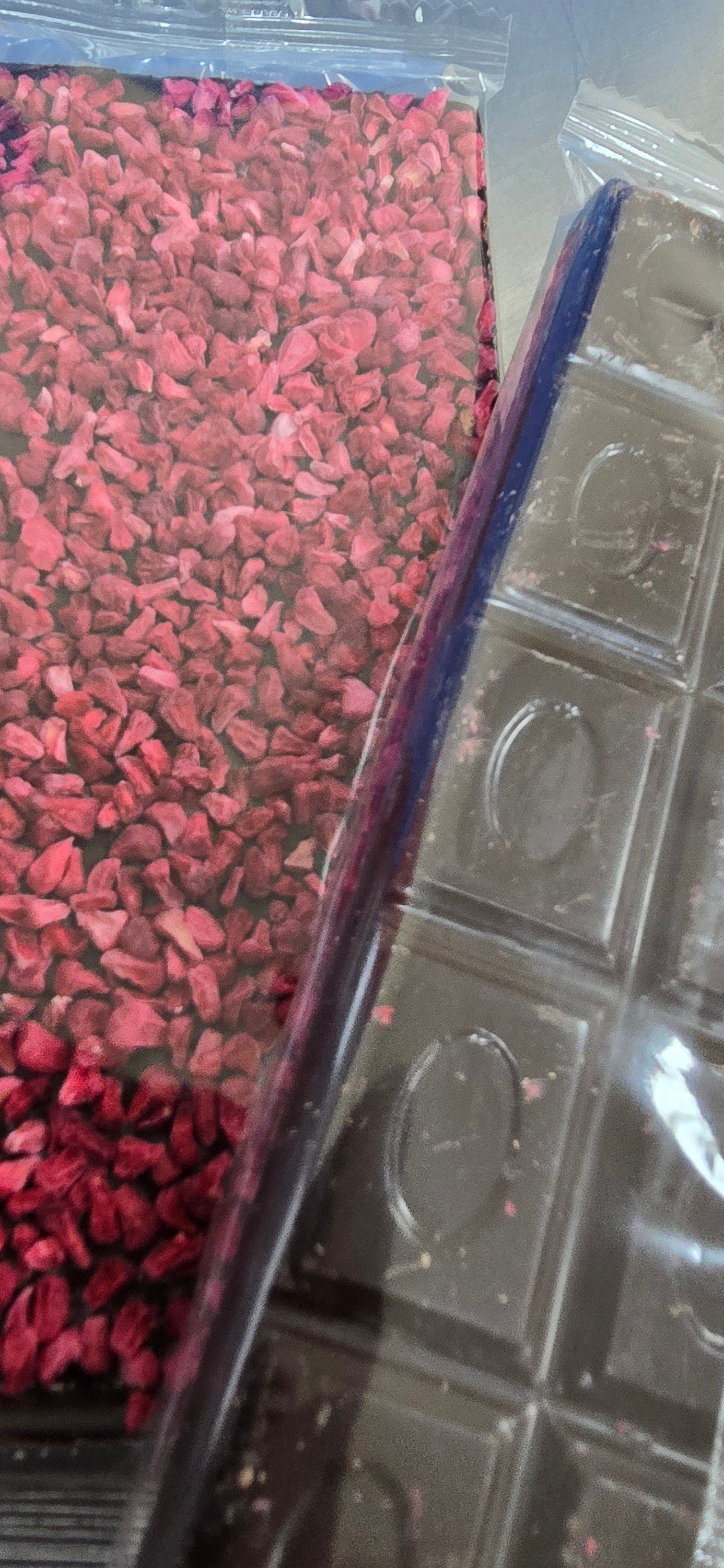 Handmade Dark Chocolate and Raspberry 54% Belgian Chocolate 100g bar. Wrapper can be personalised.